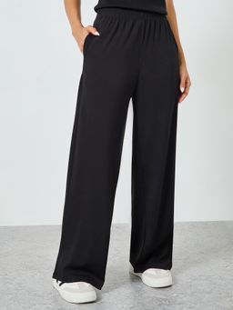Styli - Women Black Wide Leg Rib Elasticated Waist Band Trackpant