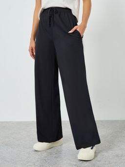 Styli - Women Black Wide Leg Waffle Knit Trackpant with Elasticated Waistband