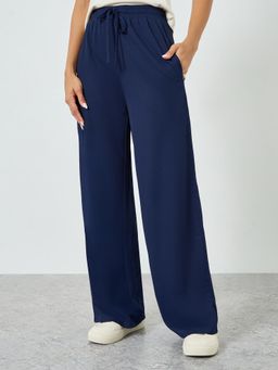 Styli - Women Navy Blue Wide Leg Waffle Knit Trackpant with Elasticated Waistband