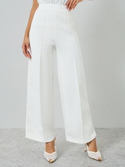 Styli - Women White Premium Scuba Wide Leg Full Length Trackpant with Front Pintuck