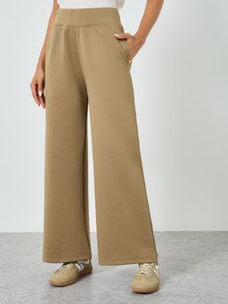 Styli - Women Khaki Super Stretch Wide Leg Full Length Trackpant with Elasticated Waistband