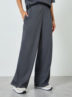 Styli - Women Grey Ribbed structured Wide Leg Full Length Trackpant