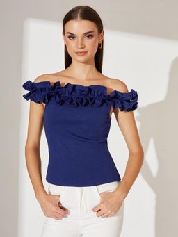 Miss Chase - Women Navy Blue Off Shoulder Sleeveless Solid Gathered Bardot Top