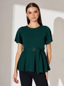 Miss Chase - Women Green Solid Polyester Slim Fit Round Neck Short Sleeve Top