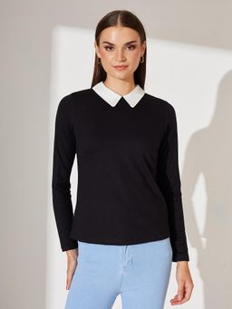 Miss Chase - Women Black Collared Round Neck Full Sleeve Cotton Solid Buttoned Top