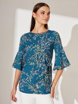 Miss Chase - Women Multicolored Turquoise Base Floral Ruffled Long Belted Tie-Up Top