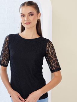 Miss Chase - Women Black Round Neck Half Sleeves Lace Top