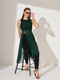 Miss Chase - Women Forest Green Round Neck Sleeveless Solid Lace Overlaid Maxi Top