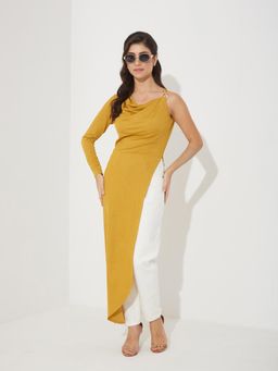 Miss Chase - Women's Golden Asymmetric Cowl Full Sleeve Solid Maxi Polyester Top