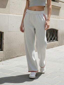 Outzidr - Grey High Waist Embroidered Detail Trackpant