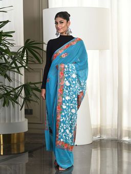 Beatitude - Blue Hand Embroidered Kashmiri Broad Border Saree with Unstitched Blouse