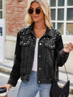 Oh Rare - Women Black Embellished Full Sleeves Regular Fit Jacket