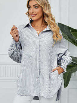 Oh Rare - Women Black Stripes Full Sleeves Regular Fit Shirt