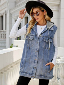 Oh Rare - Women Blue Solid Sleeveless Regular Fit Jacket