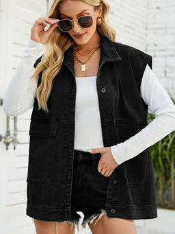 Oh Rare - Women Black Solid Sleeveless Regular Fit Jacket