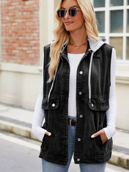Oh Rare - Women Black Solid Sleeveless Regular Fit Jacket
