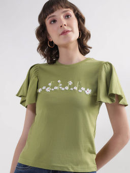 ELLE - Women Green Floral Ruffled Sleeves Regular Fit T-Shirt