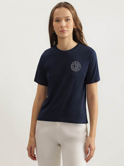 ELLE - Women Navy Blue Solid Half Sleeves Relaxed Fit T-Shirt