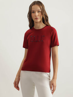 ELLE - Women Red Embellished Half Sleeves Relaxed Fit T-Shirt