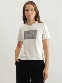 ELLE - Women White Embellished Half Sleeves Relaxed Fit T-Shirt