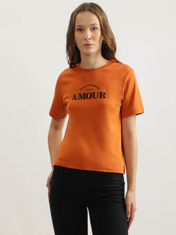 ELLE - Women Orange Embellished Half Sleeves Relaxed Fit T-Shirt