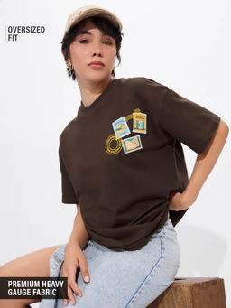 The Souled Store - Women Brown Graphic Half Sleeves Oversized Fit T-Shirt
