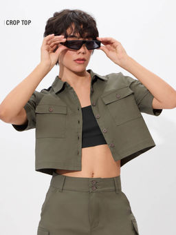 The Souled Store - Women Olive Solid Half Sleeves Regular Fit Crop Shirt