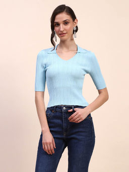 CAMLA - Women Blue Solid Half Sleeves Slim Fit Crop Top