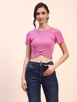 CAMLA - Women Pink Solid Half Sleeves Slim Fit Crop Top