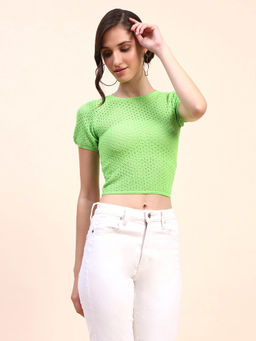 CAMLA - Women Green Self Design Half Sleeves Slim Fit Crop Top