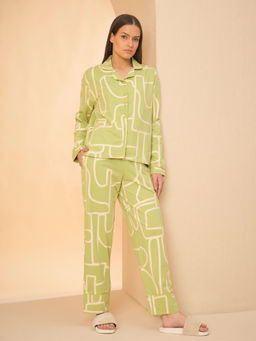 Sweet Dreams - Women Green Geometric Print Shirt and Pyjama