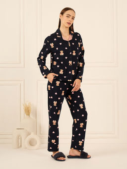 Sweet Dreams - Women Navy Blue Printed Shirt and Pyjama