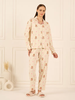 Sweet Dreams - Women Beige Printed Shirt and Pyjama