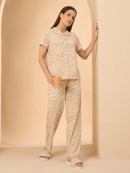 Sweet Dreams - Women Beige Printed Shirt and Pyjama