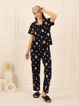 Sweet Dreams - Women Dark Navy Blue Printed T-shirt and Pyjama