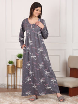 Sweet Dreams - Women Grey Floral Printed Night Dress