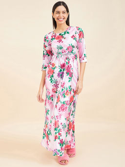Sweet Dreams - Women Pink Floral Printed Half Sleeves Night Dress