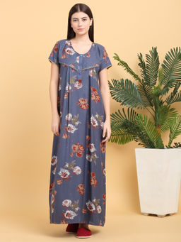 Sweet Dreams - Women Dusky Blue Floral Printed Full Length Night Dress