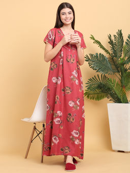Sweet Dreams - Women Red Floral Printed Full Length Night Dress