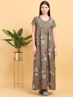 Sweet Dreams - Women Olive Floral Printed Full Length Night Dress