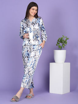 Sweet Dreams - Women Blue Printed Shirt with Pyjama and Belt
