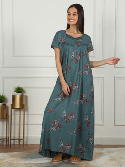 Sweet Dreams - Women Teal Floral Printed Full Length Night Dress