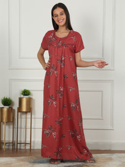 Sweet Dreams - Women Red Floral Printed Full Length Night Dress
