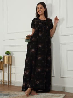 Sweet Dreams - Women Black Floral Printed Full Length Night Dress