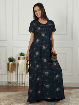Sweet Dreams - Women Navy Blue Floral Printed Full Length Night Dress