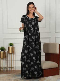 Sweet Dreams - Women Dark Green Floral Printed Full Length Night Dress