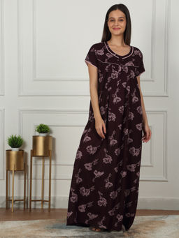 Sweet Dreams - Women Maroon Floral Printed Full Length Night Dress