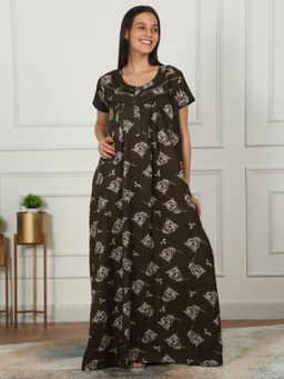 Sweet Dreams - Women Olive Floral Printed Full Length Night Dress