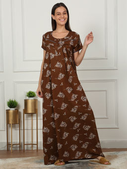 Sweet Dreams - Women Brown Floral Printed Full Length Night Dress