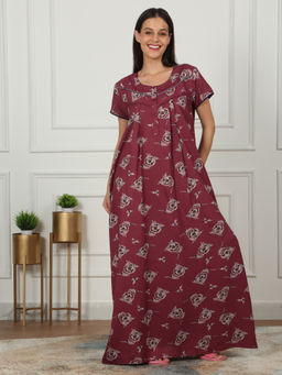 Sweet Dreams - Women Dusky Rose Pink Printed Full Length Night Dress